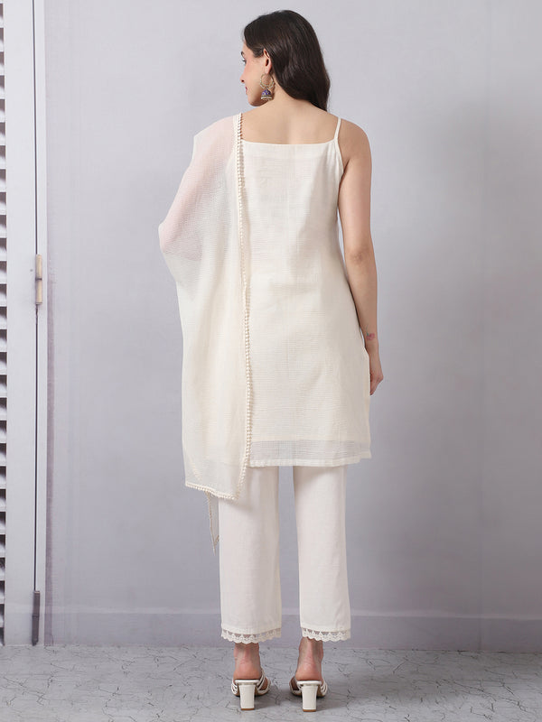 Sleeveless Kota Doria Kurta Set with Dupatta