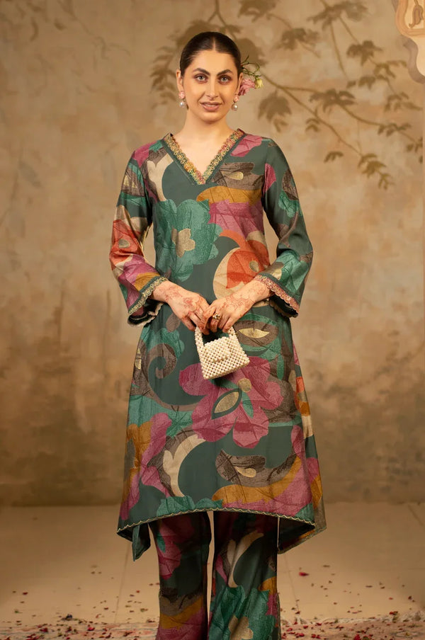 A-Line Kurta Set with Dupatta - Deep Teal Green
