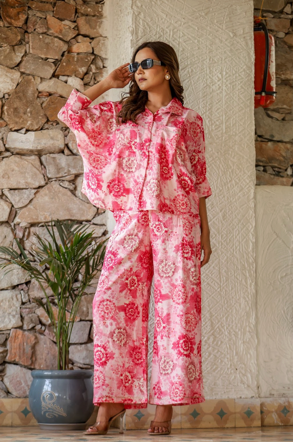 Bubble Pink Embroidered Pocket Coord Set in Rayon