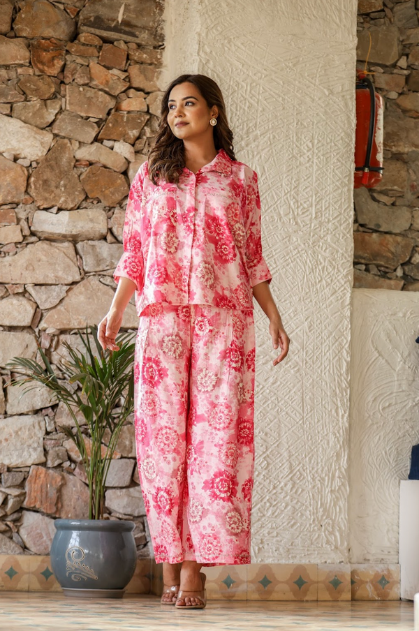 Bubble Pink Embroidered Pocket Coord Set in Rayon