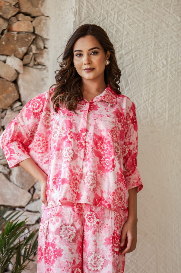 Bubble Pink Embroidered Pocket Coord Set in Rayon