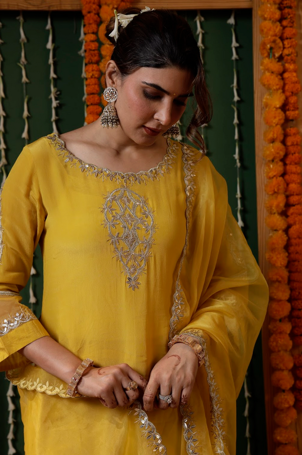 Chinon Silk Gota Patti Embroidered Kurta Set with Organza Dupatta