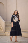 Navy Tiered Dress with Horse Motif Embroidered Vest