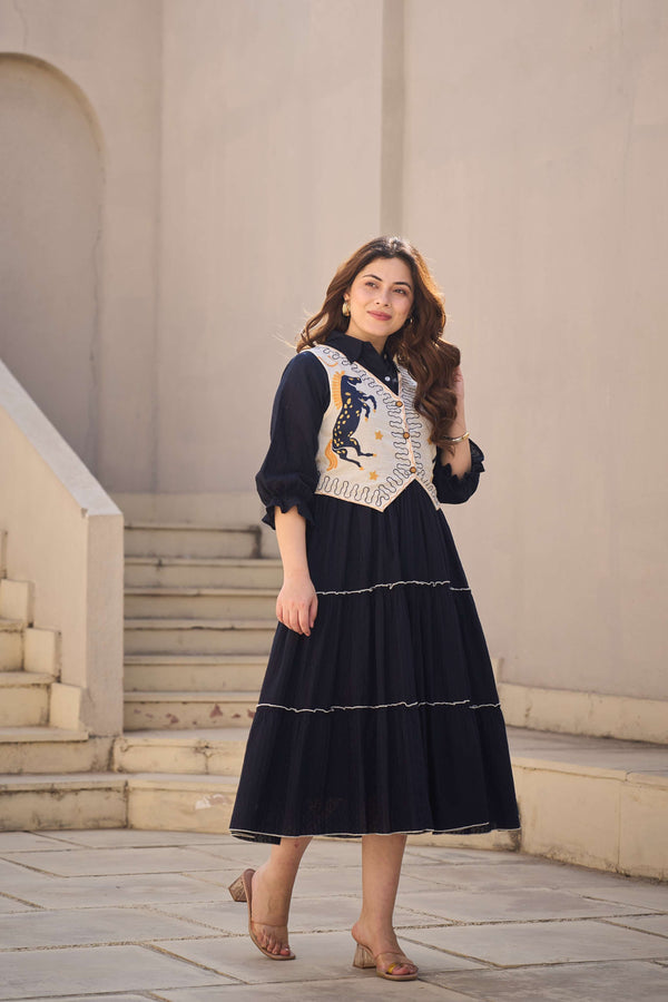 Navy Tiered Dress with Horse Motif Embroidered Vest