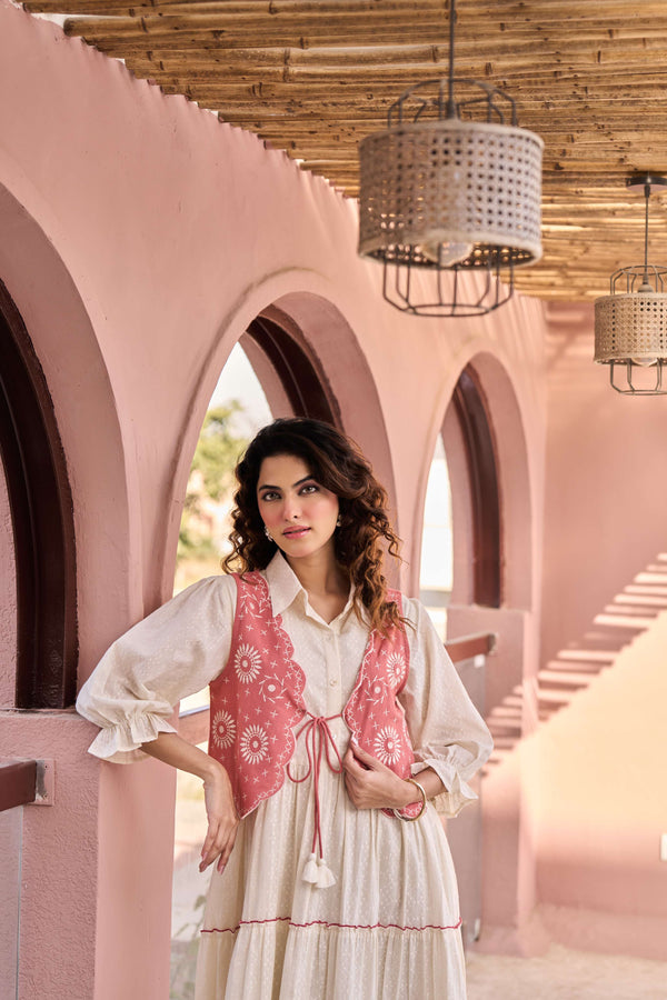Pink Embroidered Jacket Layered Tiered Dress