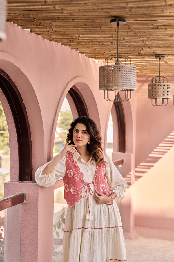 Pink Embroidered Jacket Layered Tiered Dress