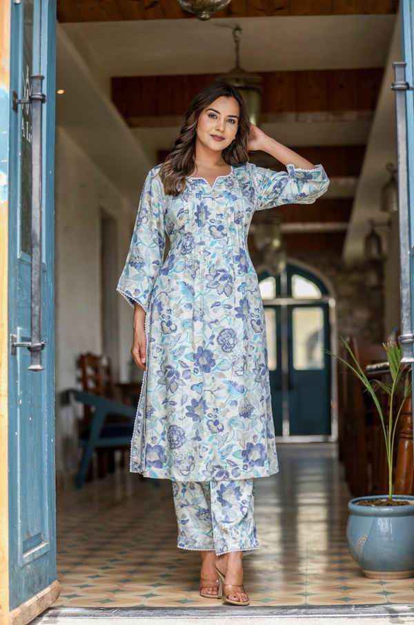 Digital Print Gazzi Silk Suit Set with Pintuck Detailing