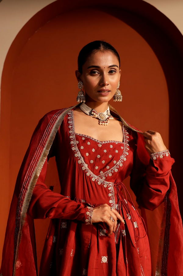 Embroidered Roman Silk Angrakha Set with Organza Dupatta