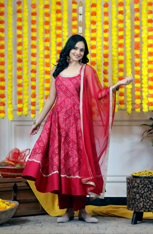 Flex Muslin Anarkali Kurta & Pants 3-Piece Set with Net Dupatta