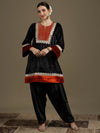 Straight Kurti & Farshi Salwaar Set with Dupatta in Black & Rust Orange