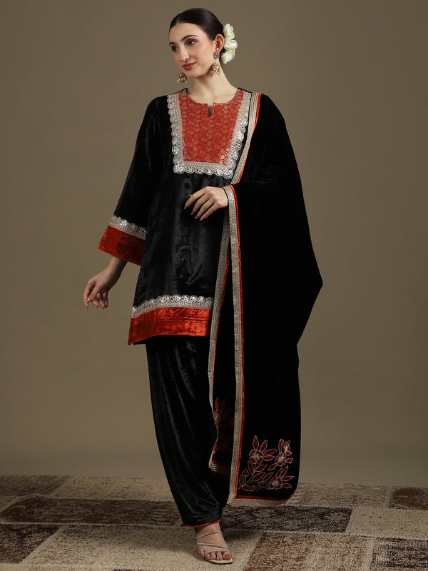 Straight Kurti & Farshi Salwaar Set with Dupatta in Black & Rust Orange