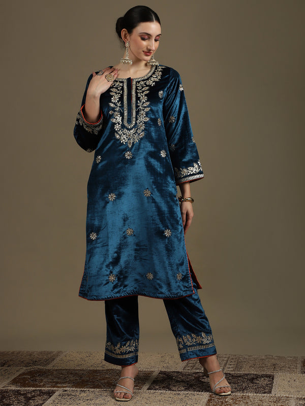 Straight Fit Teal Blue Velvet Kurti Set with Organza Dupatta