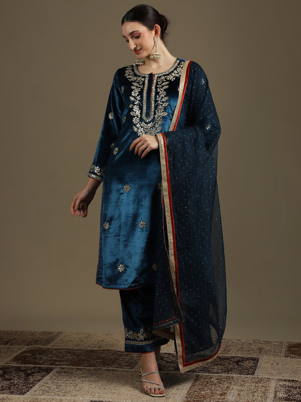 Straight Fit Teal Blue Velvet Kurti Set with Organza Dupatta
