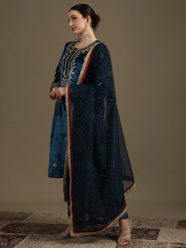 Straight Fit Teal Blue Velvet Kurti Set with Organza Dupatta
