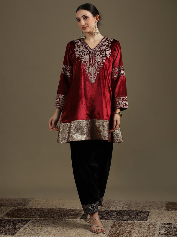 Choga Style Mehroon & Black Farshi Salwaar Set with Dupatta