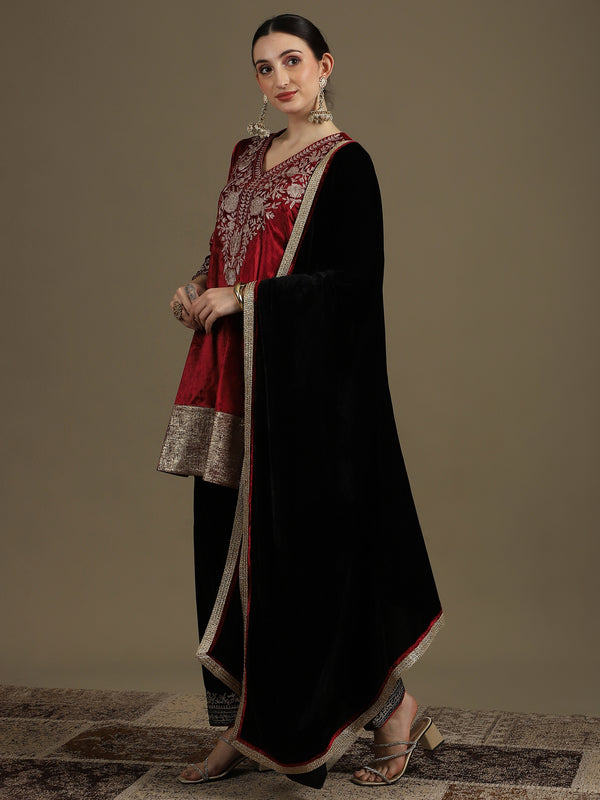 Choga Style Mehroon & Black Farshi Salwaar Set with Dupatta