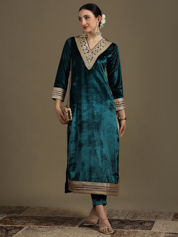 Long Straight Rama Green Velvet Kurti Set (Kaftan Fit)