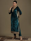 Long Straight Rama Green Velvet Kurti Set (Kaftan Fit)