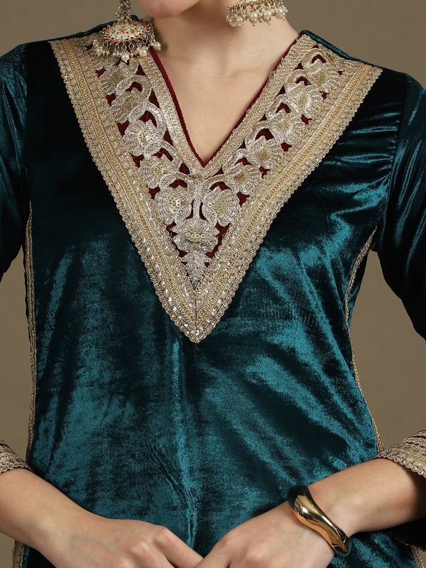 Long Straight Rama Green Velvet Kurti Set (Kaftan Fit)
