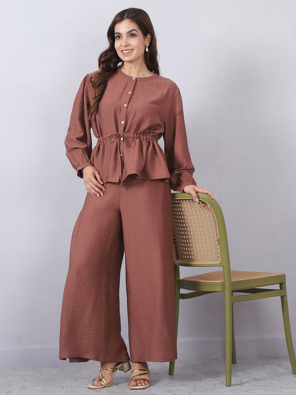 Brown Cord Set with String Detail and Side Slits