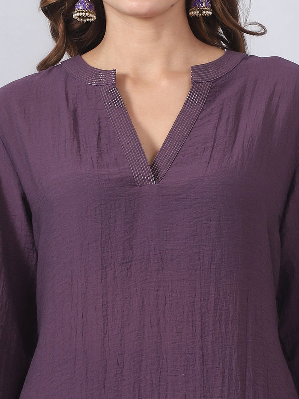 Purple Cord Set with Zari Detail on Neck and Sleeves