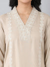 Pastel Grey Overlap V-Neck Embroidered Rayon Kurti