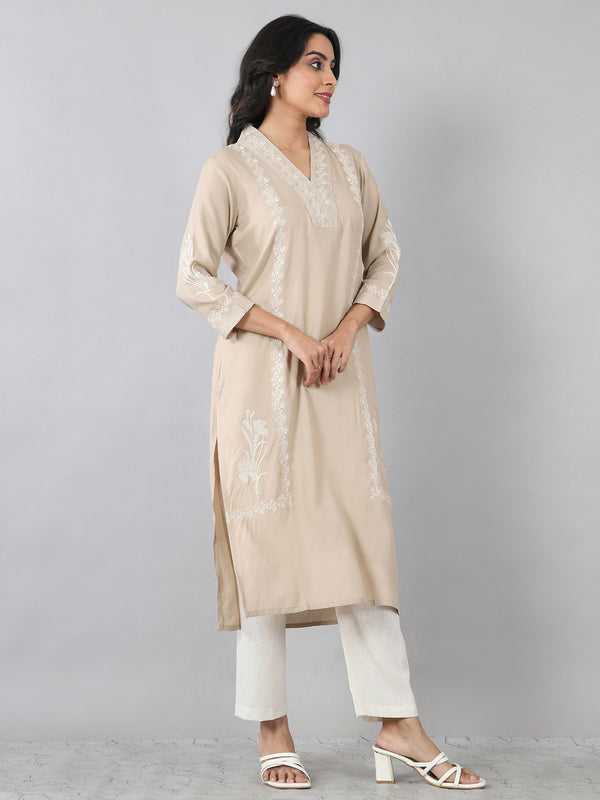 Pastel Grey Overlap V-Neck Embroidered Rayon Kurti