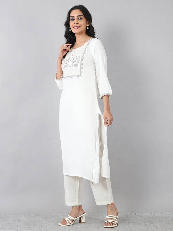 Off White Heritage Embroidered Rayon Kurti