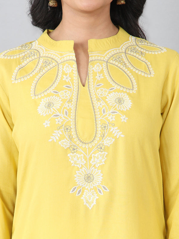 Bright Yellow Embroidered Everyday Rayon Kurti