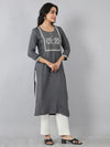 Dark Grey Round Neck Embroidered Rayon Kurti