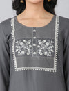 Dark Grey Round Neck Embroidered Rayon Kurti