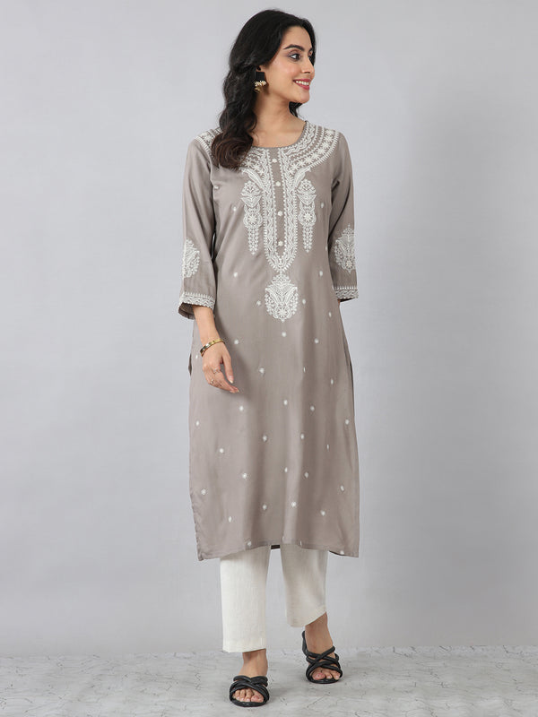 Taupe Grey Thread Embroidered Rayon Kurti