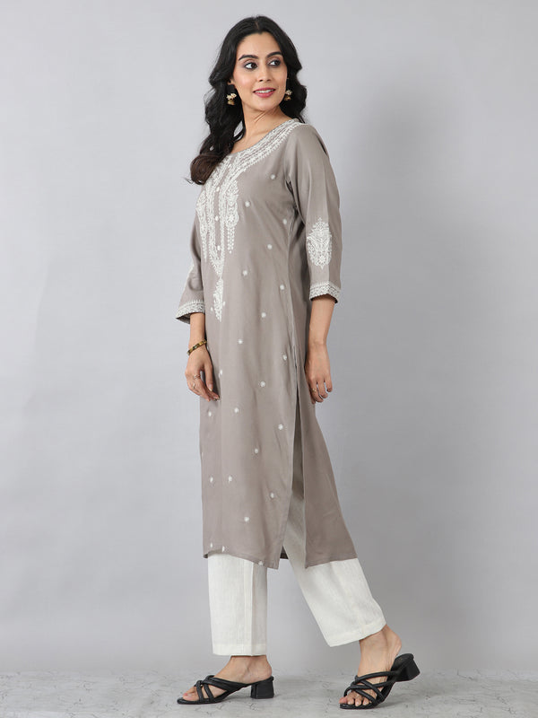 Taupe Grey Thread Embroidered Rayon Kurti