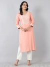 Peach White Thread Embroidered Rayon Kurti