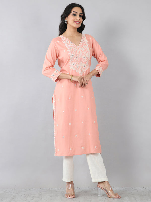 Peach White Thread Embroidered Rayon Kurti