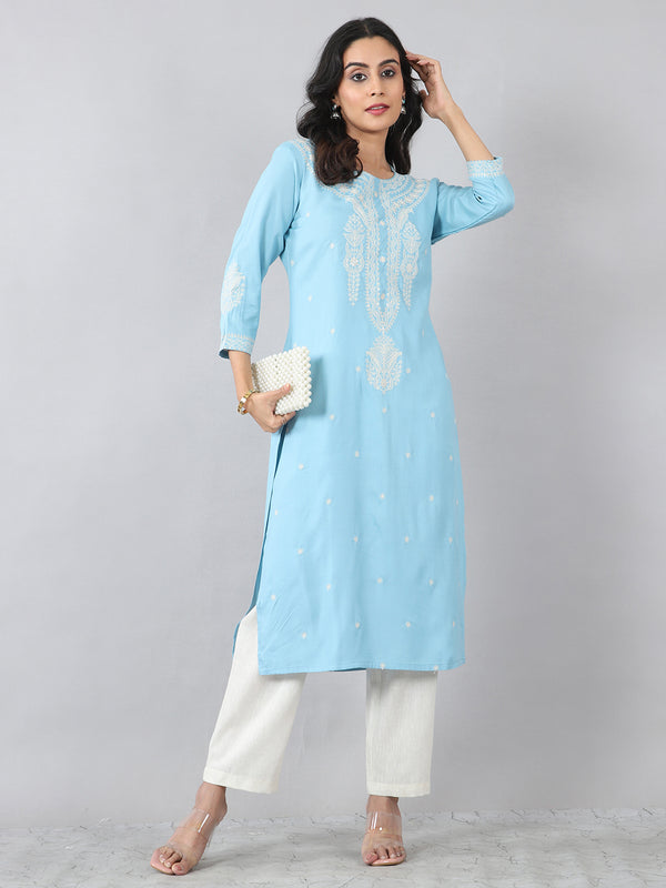 Sky Blue Classic Embroidered Rayon Kurti