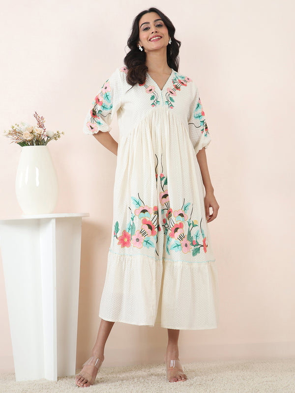 Embroidered Cotton Dobby Midi Dress