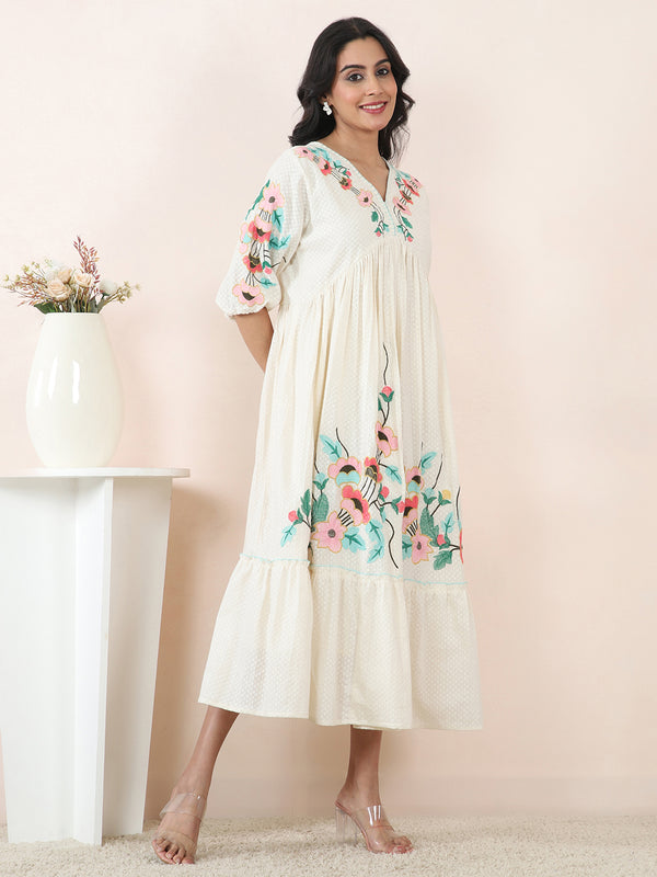 Embroidered Cotton Dobby Midi Dress