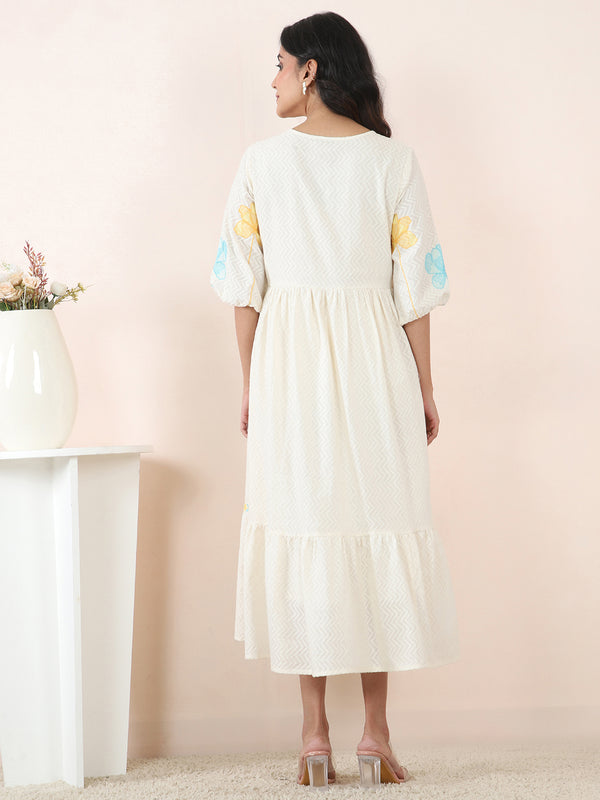Floral Embroidered Cotton Dobby Day Dress