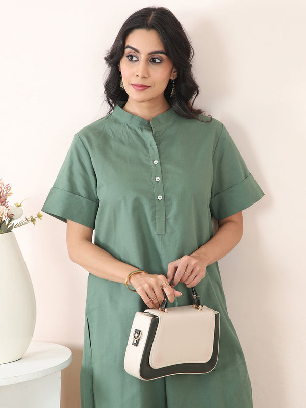 Dark Green Cotton Linen Embroidered Co-Ord Set