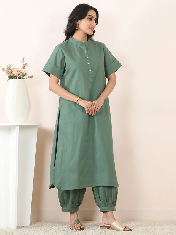Dark Green Cotton Linen Embroidered Co-Ord Set