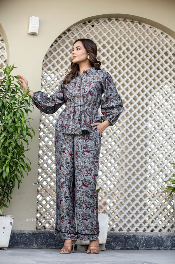 Jet Black Foil Print Viscose Muslin Coord Set
