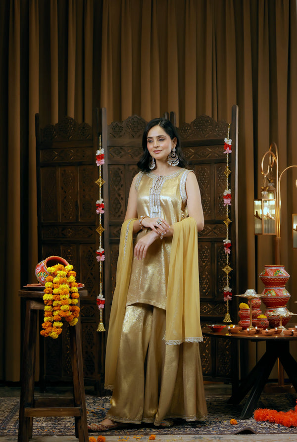 Gold-Foil Nylon Viscose Sharara 3-Piece Set