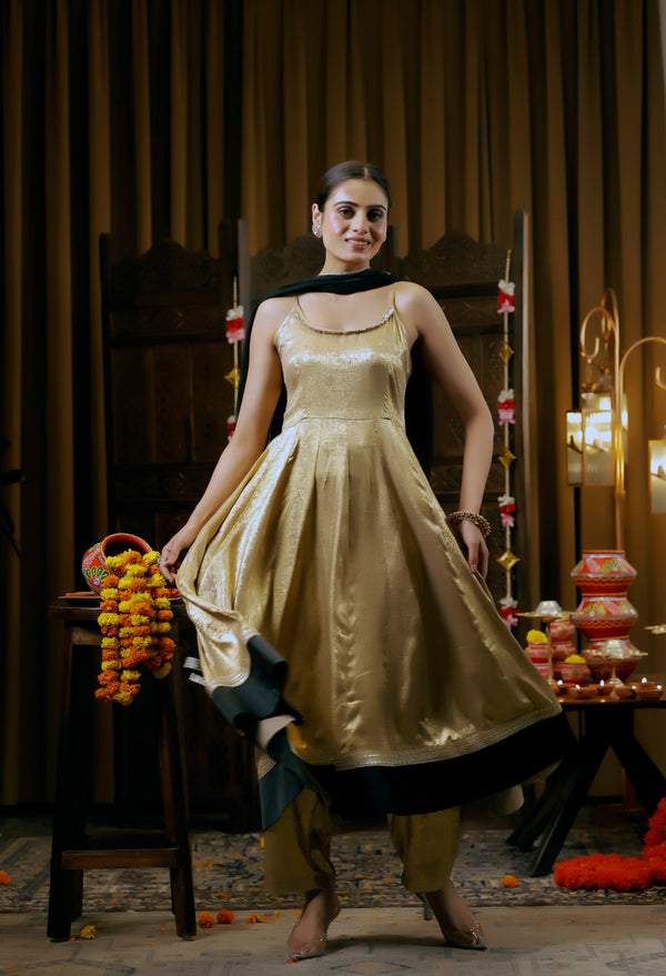 Gold-Foil Nylon Viscose Anarkali 3-Piece Set