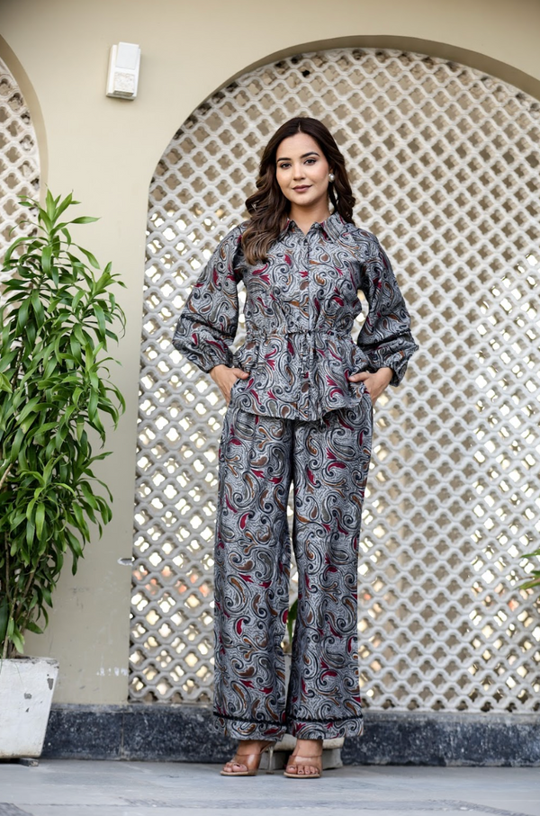 Jet Black Foil Print Viscose Muslin Coord Set