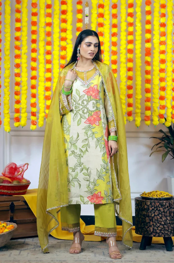 Viscose Muslin Straight Kurta & Pants 3-Piece Set with Organza Dupatta