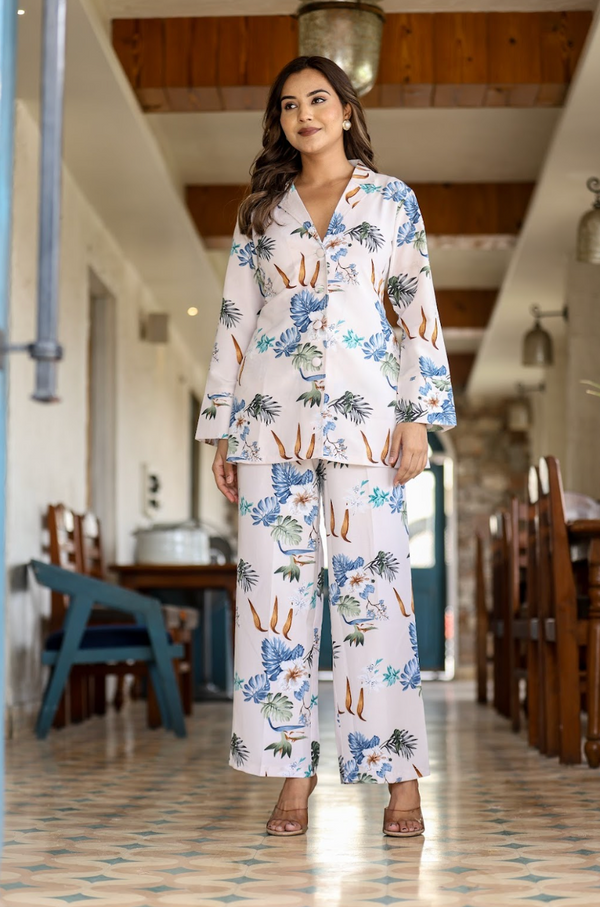 White Base Blue Print Coord Set