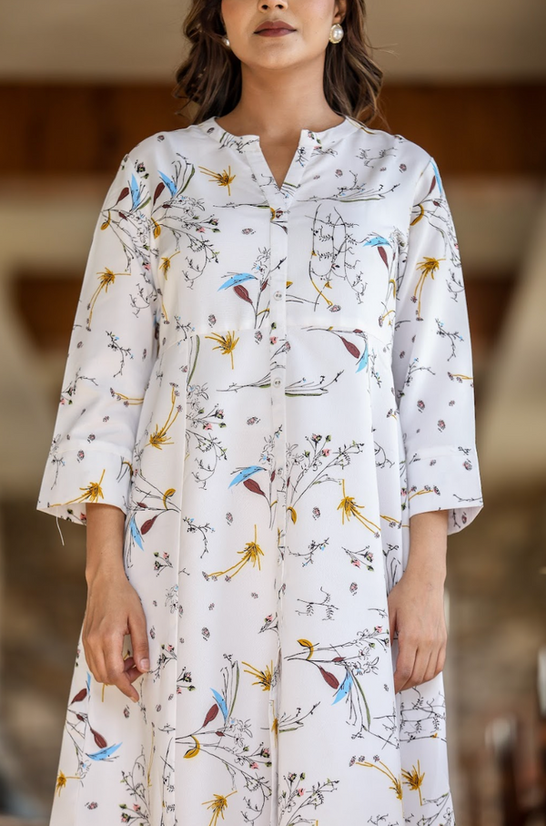 White Multi-Print Kurta in Natural Rayon