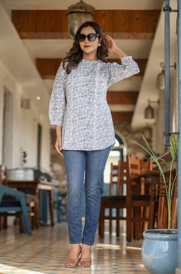 White Multi-Print Top in Natural Rayon