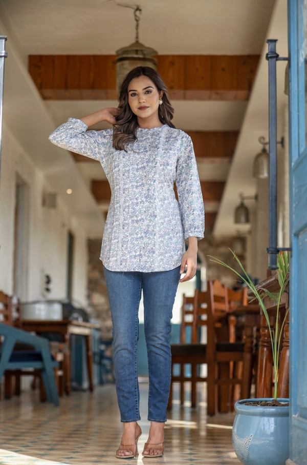 White Multi-Print Top in Natural Rayon